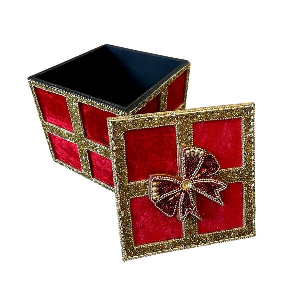 Red Velvet Gold Sequin Christmas Present Gift Box w/ Bow & Lid 7in Holiday Decor - Picture 2 of 15